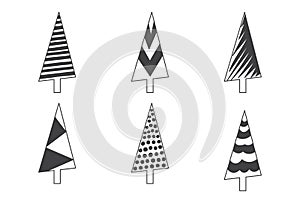 Christmas tree sketch vector icon, xmas doodle hand drawn design. New Year fir and pine set. Black silhouettes. Modern holiday