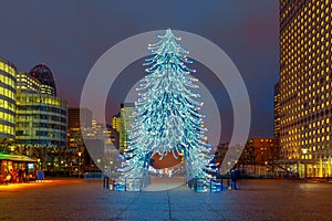 Christmas tree among the skyscrapers in Paris, France.