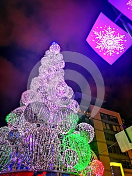 Christmas Tree on Smithfield Sq. Dublin, Ireland, Celebration, New Year, Neon, light, City, Night, Snow, winter, expectations