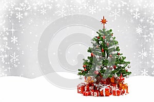 Christmas tree and snow background.Merry christmas and happy new year greeting card with copy-space.