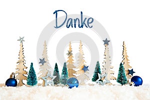 Christmas Tree, Snow, Blue Star, Ball, Danke Means Thank You, White Background