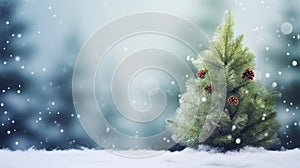 Christmas tree on snow with bokeh background