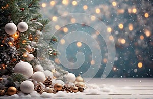 Christmas tree with snow and decorations on blur background