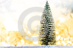 Christmas tree on snow with gift and light bokeh backgrounds ,Snowy Christmas or New Year festive background