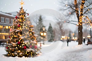 Christmas Tree with Snow and Glowing Decorations photo