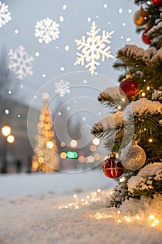 Christmas Tree with Snow and Glowing Decorations photo