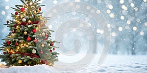 Christmas Tree with Snow and Glowing Decorations photo