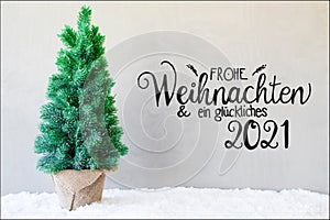 Christmas Tree, Snow, Gray Background, Glueckliches 2021 Means Happy 2021
