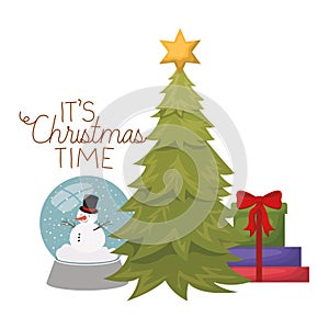 Christmas tree with snow man in crystal ball isolated icon