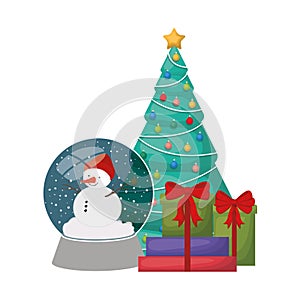 Christmas tree with snow man in crystal ball isolated icon