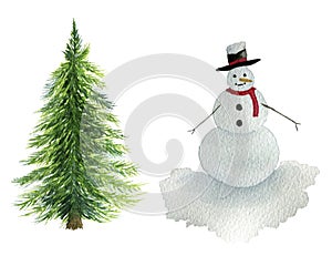 Christmas tree and snow man isolated on white, winter watercolor design elements