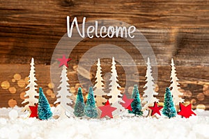 Christmas Tree, Snow, Red Star, Text Welcome, Wooden Background