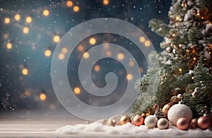 Christmas tree with snow and white bauble decorations on blur background