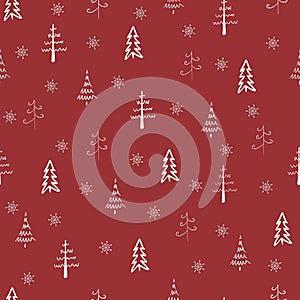 Christmas tree and snowflake vector seamless, repeat pattern. White trees and snowflakes on red background. Doodle trees, hand dra