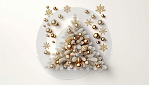 Christmas Tree and snowflakes Mockup Closeup isolated. White background. Christmas Eve top view flat lay. Winter traditional