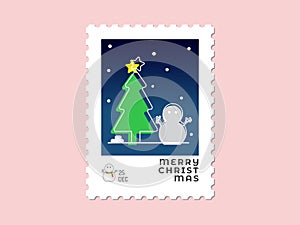 Christmas tree and snowman - Christmas stamp flat design for greeting card and multi purpose - Vector illustration