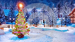 Christmas tree at snowy winter night in watercolor