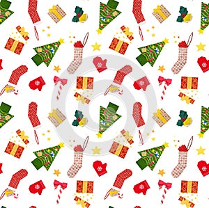 Christmas tree sock with present box on white background pattern