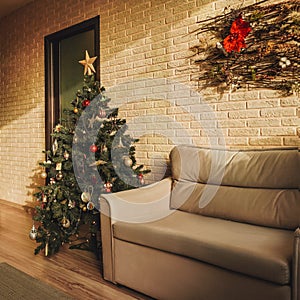 Christmas tree and sofa home, decoration.