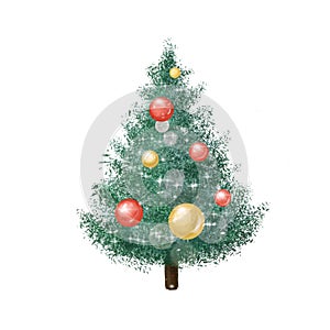 Christmas tree sparkling, watercolor style holiday clipart