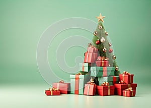 Christmas tree with stacked red and green gift boxes.