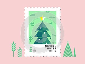 Christmas tree - Christmas stamp flat design for greeting card and multi purpose - Vector illustration