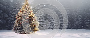 Christmas Tree Standing in Snowy Field Surrounded by Tranquil Winter Landscape