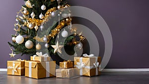 Christmas tree with star, balls and baubles on a gray background. Brown boxes with gifts under the Christmas tree