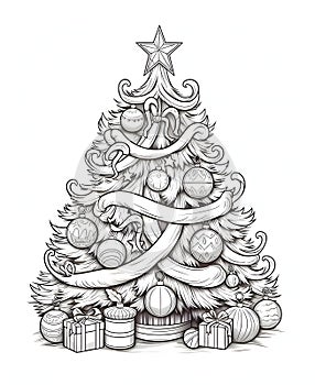 Christmas tree with star, baubles and chains. Black and white coloring sheet. Xmas tree as a symbol of Christmas of the birth of