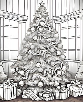 Christmas tree with star, baubles and gifts. Black and white coloring sheet. Xmas tree as a symbol of Christmas of the birth of