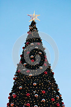 Christmas tree with star and baubles red and gold