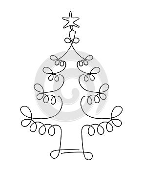Christmas tree with a star. New Year. Festive mood, humor. Continuous line drawing. Vector illustration. Isolated on white