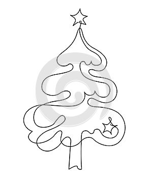 Christmas tree with a star. New Year. Festive mood, humor. Continuous line drawing. Vector illustration. Isolated on white