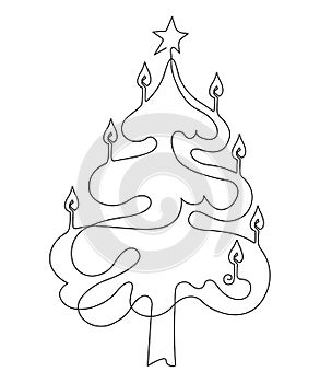 Christmas tree with a star. New Year. Festive mood, humor. Continuous line drawing. Vector illustration. Isolated on white