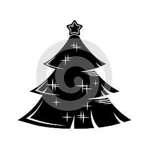 Christmas tree with a star and sequins, an isolated black image on a white background. Vector illustration