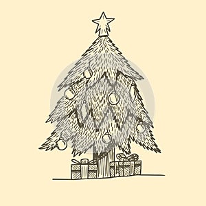 Christmas tree with a star on top and gift boxes. Hand drawn sketch vector illustration