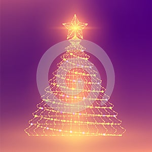 Christmas Tree with Star wireframe polygon bokeh light frame structure and lens flare, Technology connection concept design illust