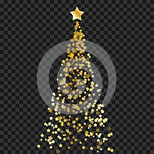 Christmas tree of stars on the transparent background. Gold Christmas tree as symbol of Happy New Year,Merry Christmas holiday cel