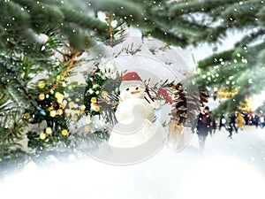 Christmas tree on street , snowman decoration in city,pine tree branch , holiday end , blurred guirlande light in Tallinn old