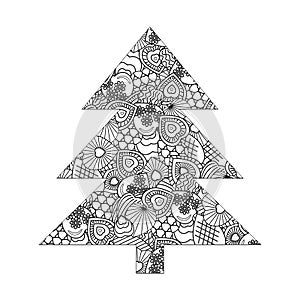 Christmas-tree-style-collage-coloring-book,-black-outline-white-background