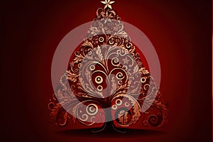 a christmas tree with swirls and a star on top of it on a red background with a red border