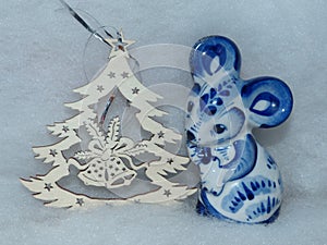 Christmas tree and the symbol of the new year White Rat on the eastern calendar. Mouse in the Russian style Gzhel.