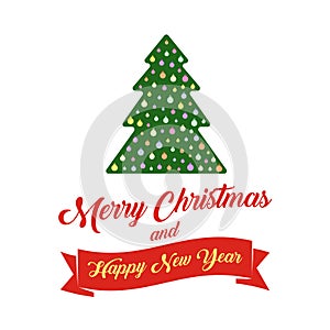 Christmas tree and text Merry Christmas and Happy New Year banner or greeting card.