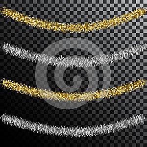 Christmas tree tinsel. Gold and silver decoration photo