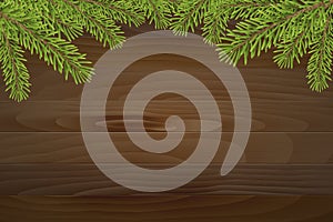 Christmas tree top frame on wood plank background