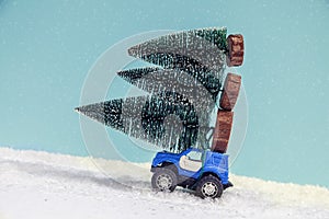 Christmas tree on toy car drive over snow