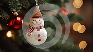 Christmas tree toy in the form of a snowman in a red hat