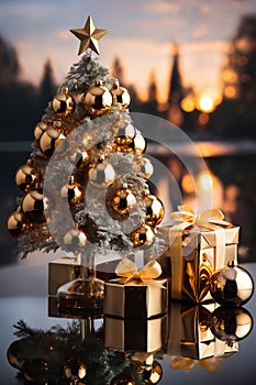 Christmas tree toy and gifts as decoration for New Year holidays, sunset in forest, reflected in water