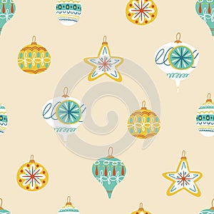 Christmas Tree Toy seamless pattern. Xmas Ball Retro. New year hand drawn toys. Bauble with ornament. Cartoon wallpaper.