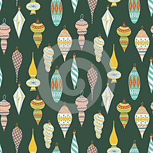 Christmas Tree Toy seamless pattern. Xmas Ball Retro. New year hand drawn toys. Bauble with ornament. Cartoon wallpaper.